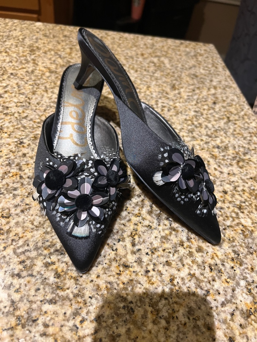 Sam Edelman Black Embellished Pointed-Toe Mule Heels
